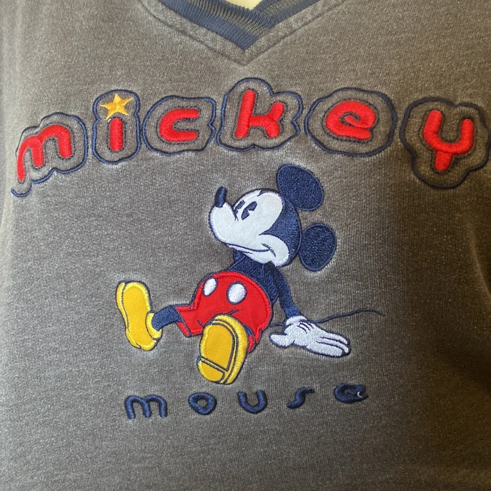 Vintage Grey Mickey Mouse V-Neck Sweater with Blue Embroidery - Picture 3 of 7